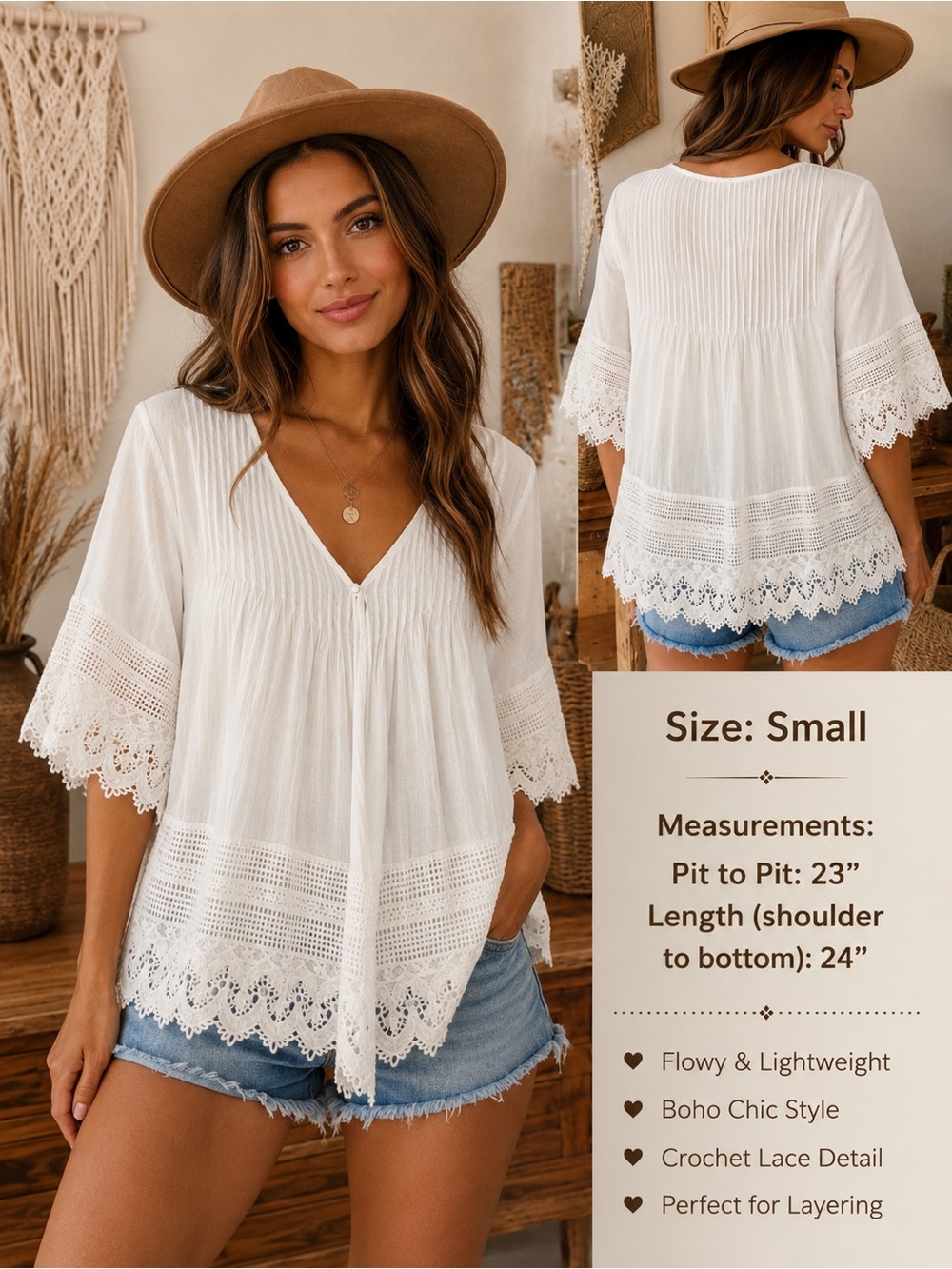 Christina White Crochet Lace Boho V-Neck Blouse